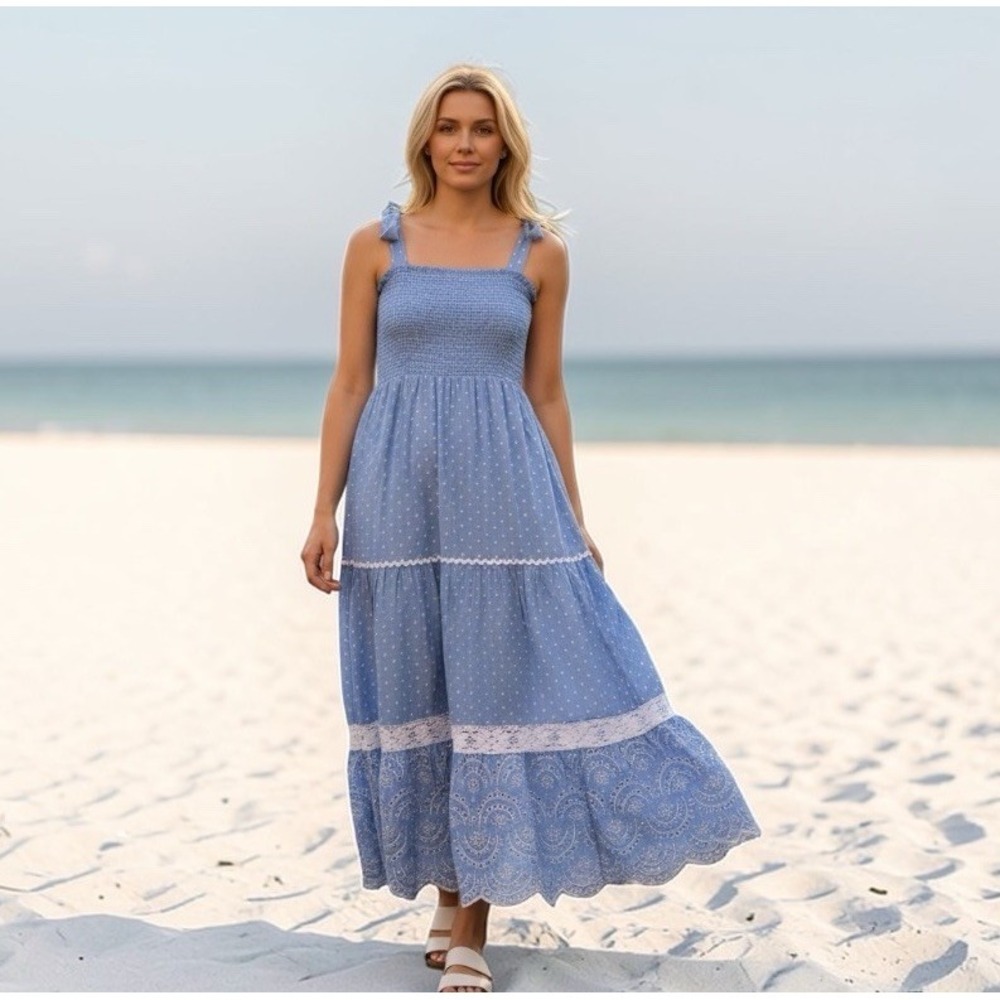 Shabby Chic Sundress 6 Maxi Smocked Blue White Striped Eyelet‎ Ruffle Tiered